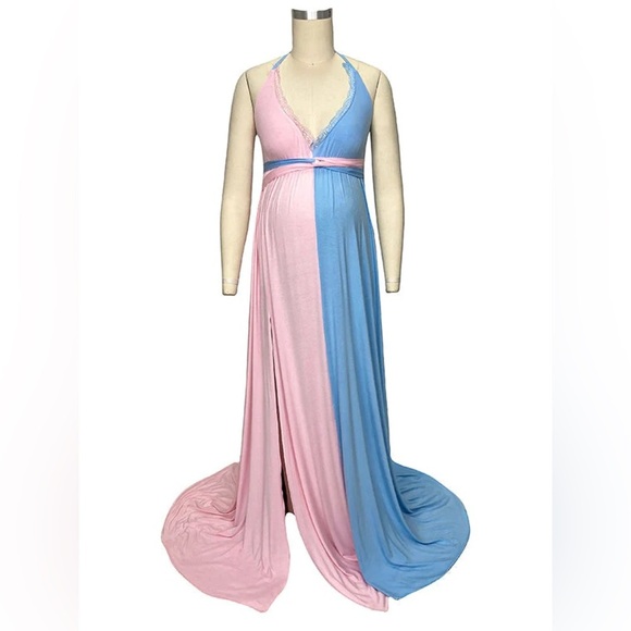 Pink&Blue Lace Spaghetti Backless Side Slit Dress - Picture 4 of 4